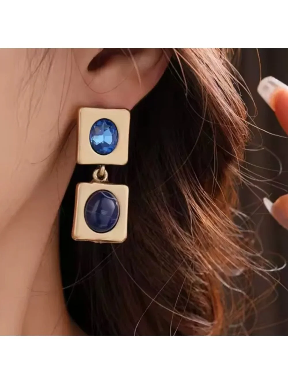 Anthropologie Gold and Blue Square Drop Earrings